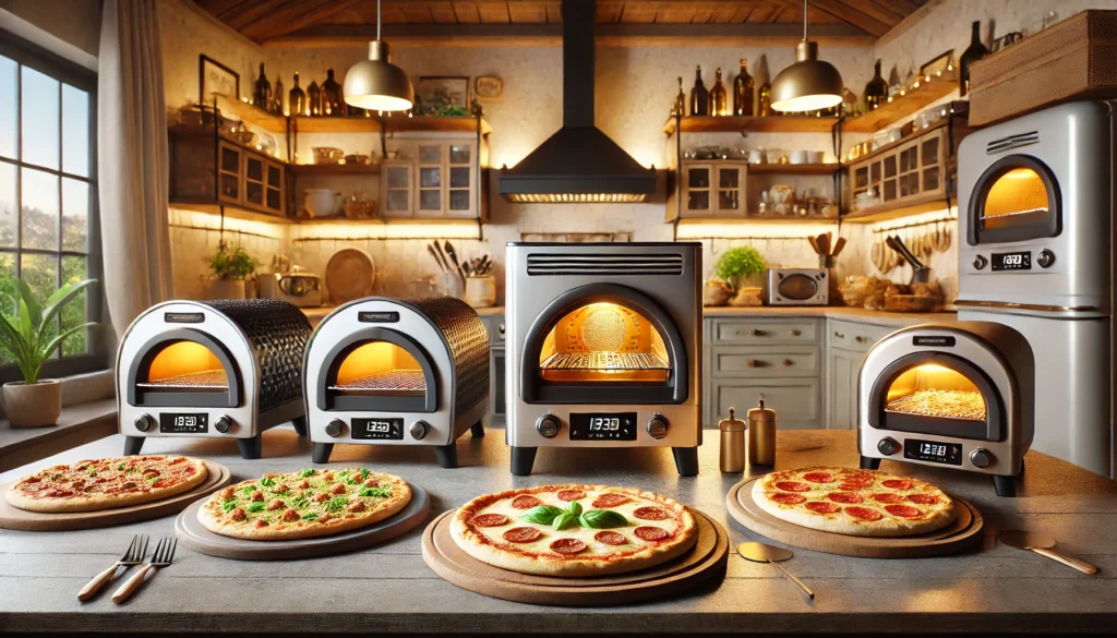 A kitchen scene with pizza ovens, a stove, and additional ovens, perfect for those exploring the 10 Best Home Pizza Oven options.