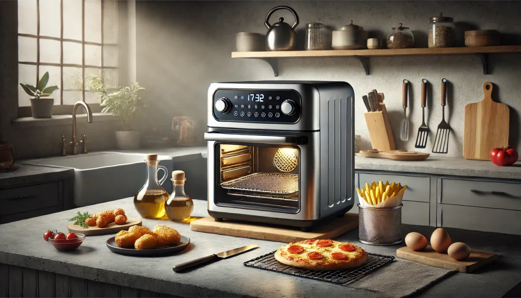 A kitchen featuring a toaster oven with a pizza on the counter, showcasing the 10 Best Air Fryer Toaster Oven options.