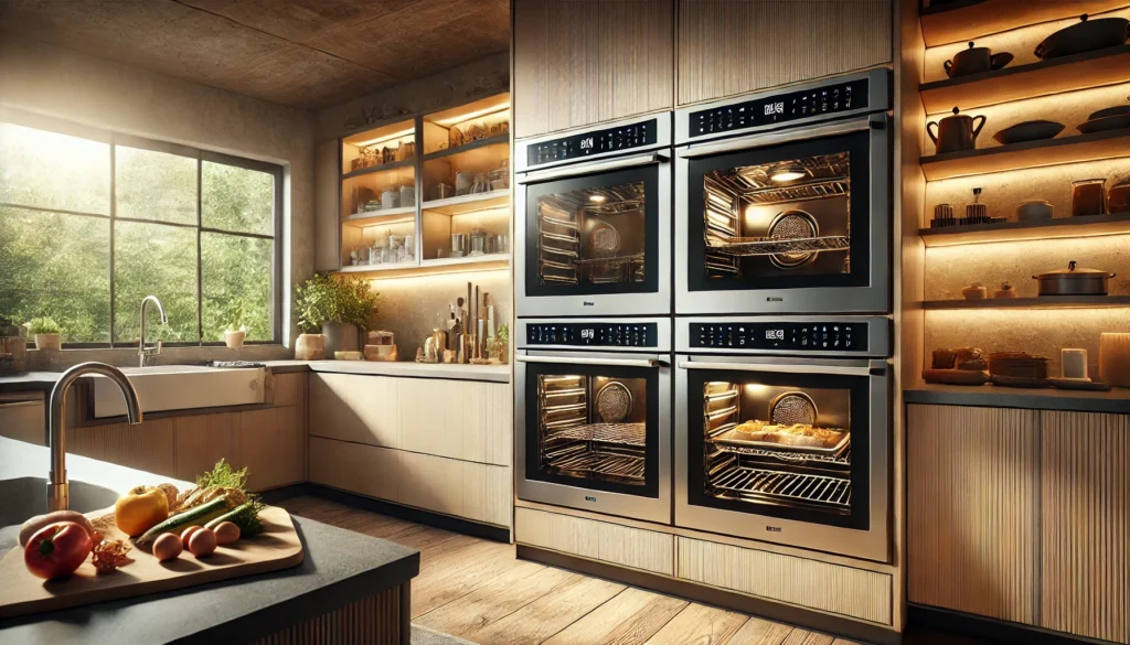 A kitchen featuring wooden cabinets and a double oven, showcasing the 10 best double ovens for your cooking needs.