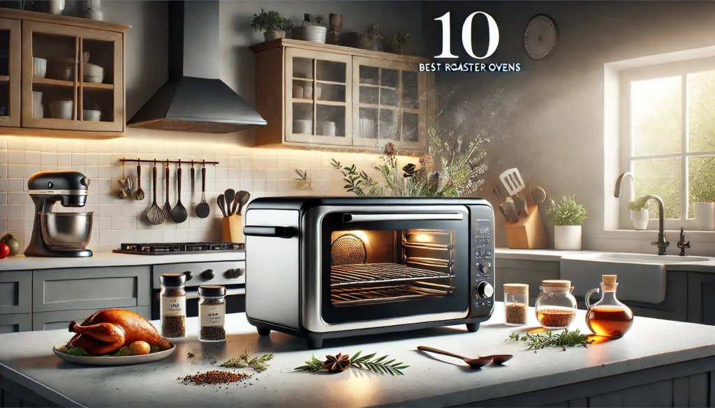 A kitchen featuring a toaster oven and various spices arranged on the counter, ideal for exploring the 10 best roaster ovens.