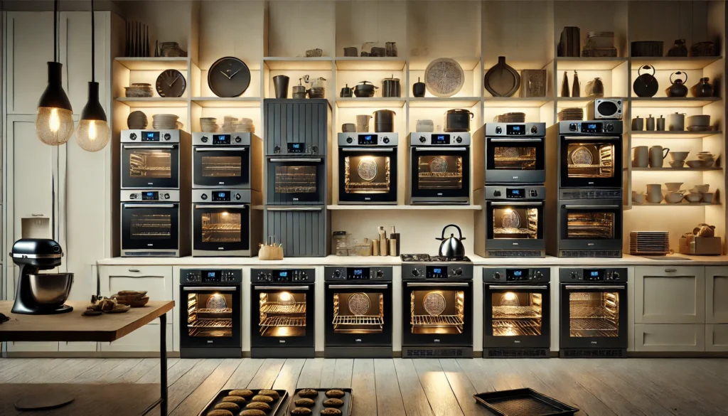 A kitchen filled with multiple ovens and pots on shelves, showcasing the 10 best oven for baking options available.