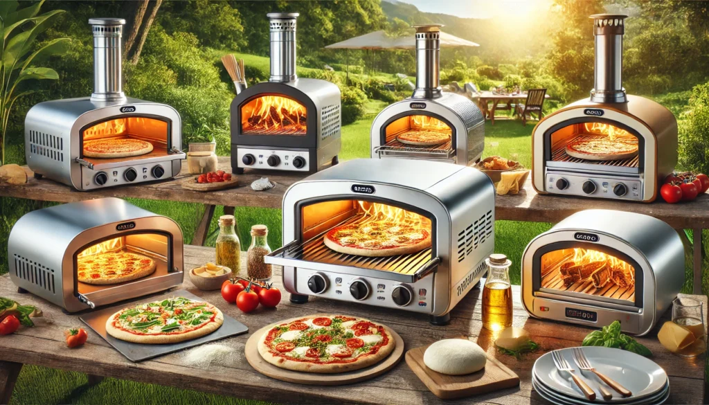 A wooden table displays pizza ovens with delicious pizzas on top, showcasing the 10 best portable pizza oven options.