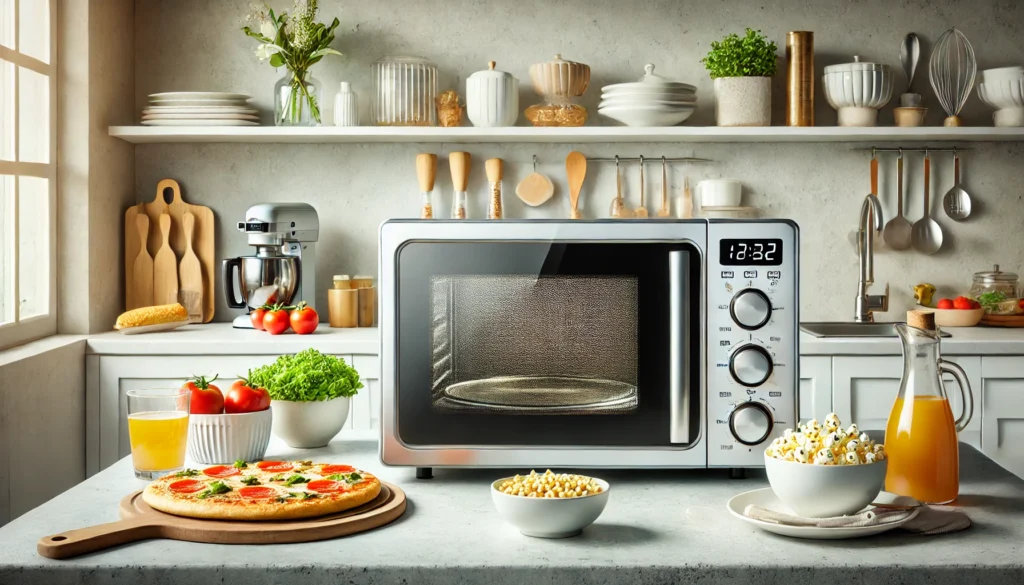 A microwave oven sits on a counter next to a pizza, showcasing one of the 10 best microwave ovens for easy meal prep.