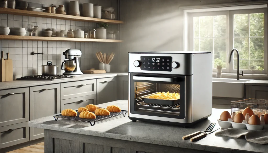 A kitchen featuring a toaster oven and a pan of food, illustrating the convenience of cooking. What is The Best Air Fryer Toaster Oven?