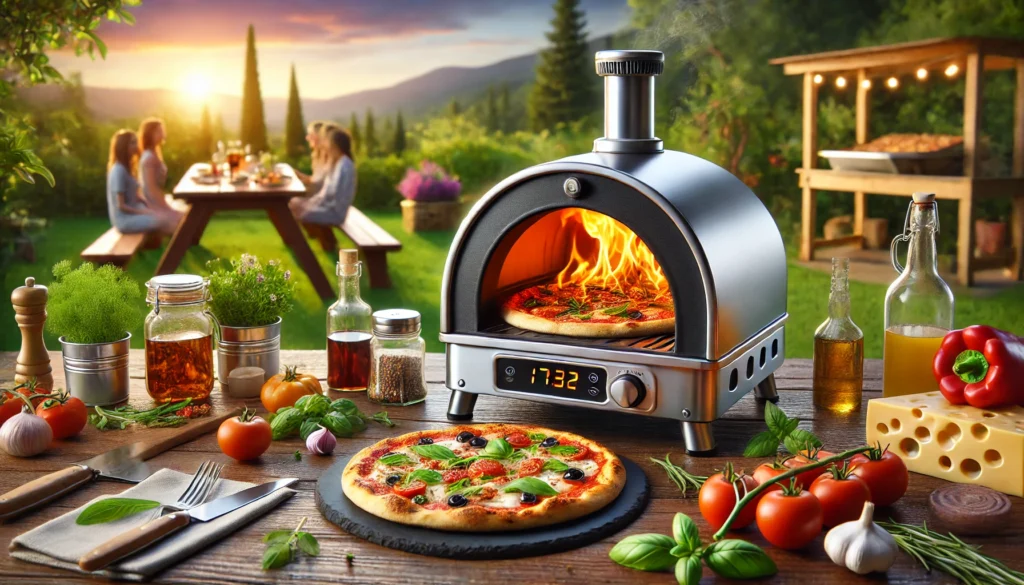 A pizza oven on a table surrounded by fresh food and vegetables, showcasing what is the best portable pizza oven.