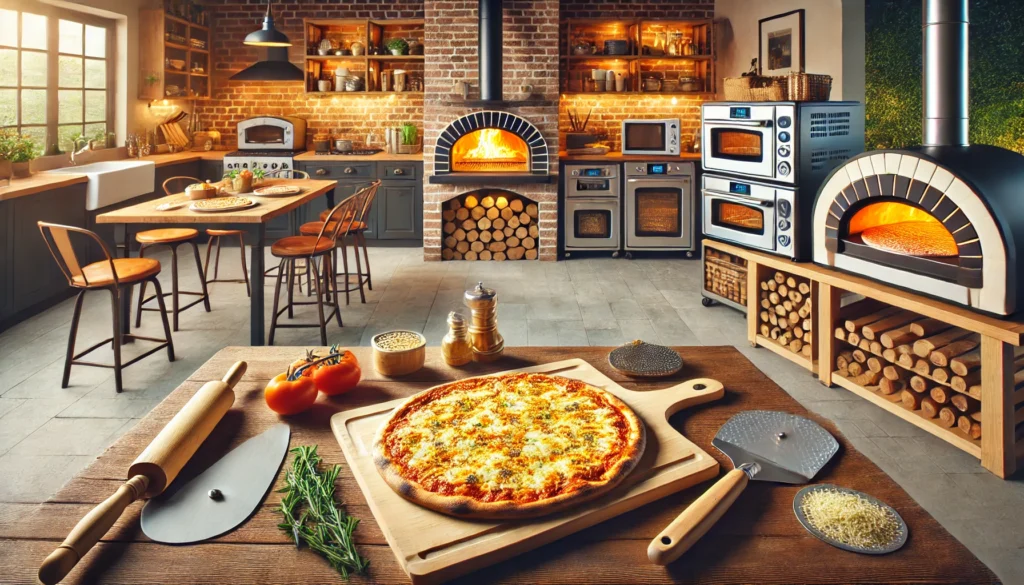 On a kitchen table, a pizza oven is ready for use, surrounding many ovens are places. What is the Best Home Pizza Oven?