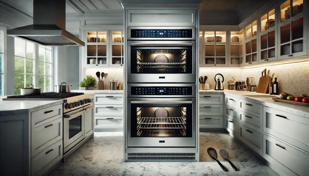 A kitchen with double oven and a sink, perfect for meal preparation. Learn what is the best double oven for your home.