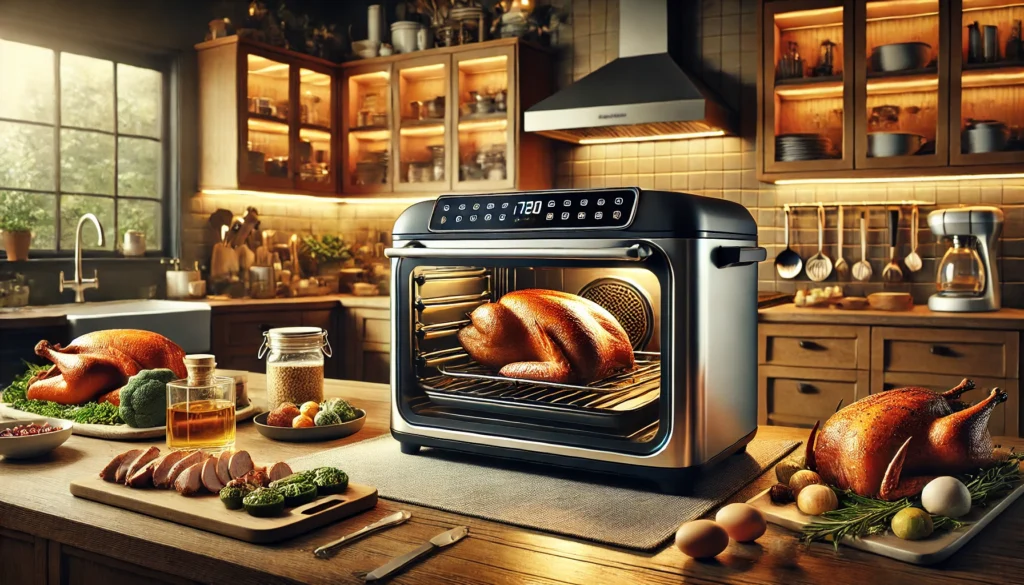 A turkey is roasting in an oven in a kitchen, highlighting a traditional cooking moment. What is the best roaster oven?