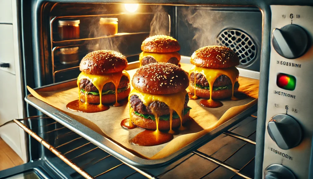 A tray of hamburgers is in the oven, illustrating how to cook burgers in the oven effectively.