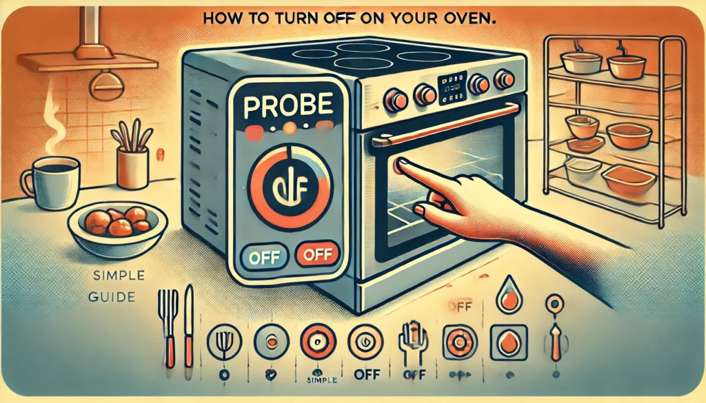 A simple cartoon of a person using an oven, illustrating how to turn off probe on oven in a clear manner.