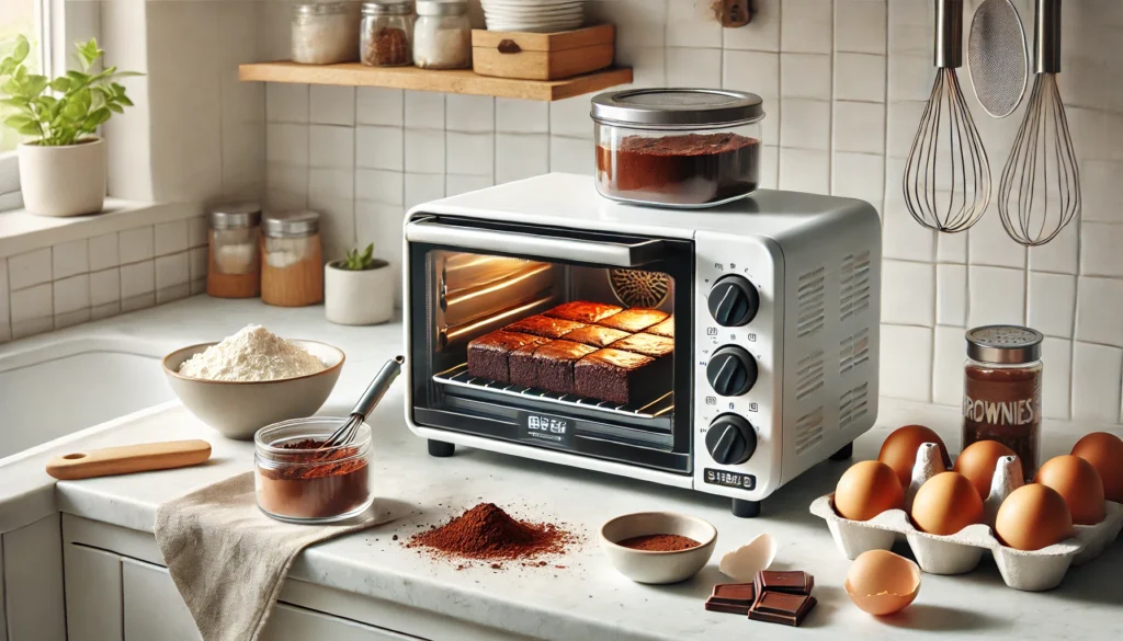 A toaster oven on a counter with eggs and chocolate, showing how you can make brownies in a toaster oven.