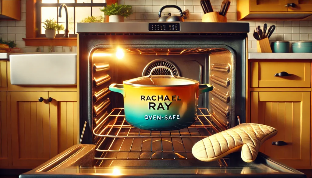 A pot with a lid sitting on the oven, illustrating that Rachael Ray pots can go in the oven safely.