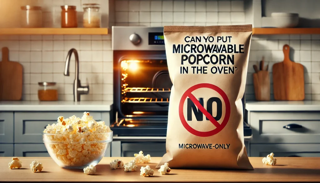 An empty microwave popcorn bag is placed in the oven, prompting the thought: Can you put microwavable popcorn in the oven?