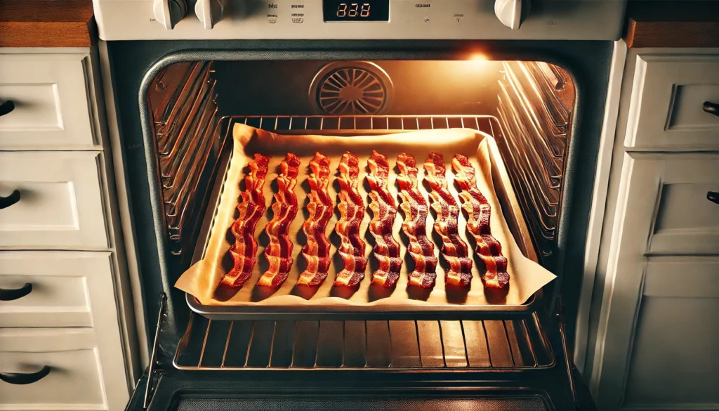 A tray filled with bacon cooking in the oven, showing how to cook bacon in the oven without splattering.