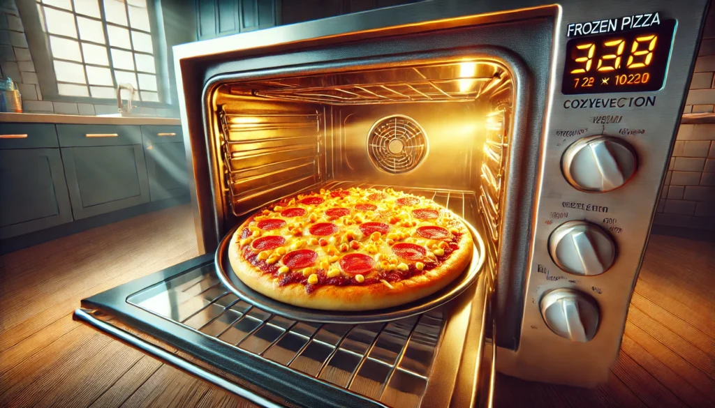 A pizza is baking in an oven, demonstrating how to cook frozen pizza in a convection oven effectively.