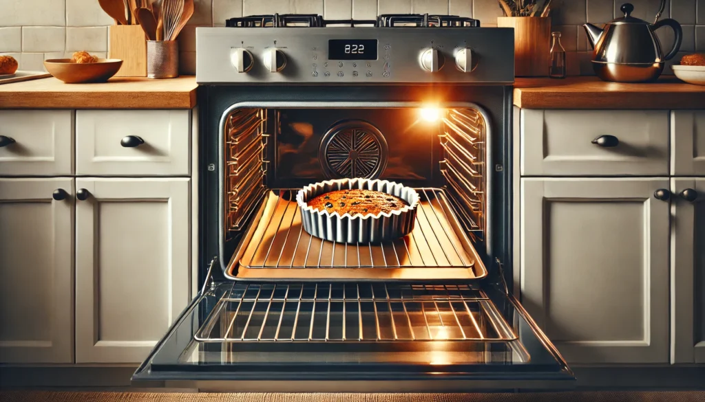 An open oven door displays a pie baking inside. Can cooling racks be put in the oven while baking?