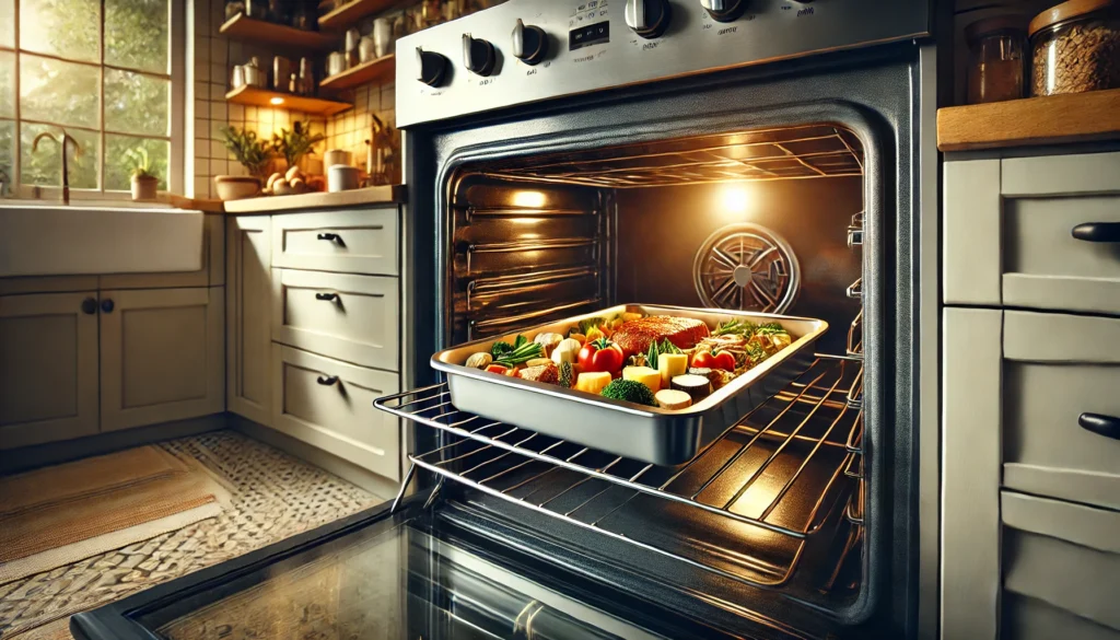 An oven contains a pan filled with food, showing how you can put aluminum trays in the oven without issues.