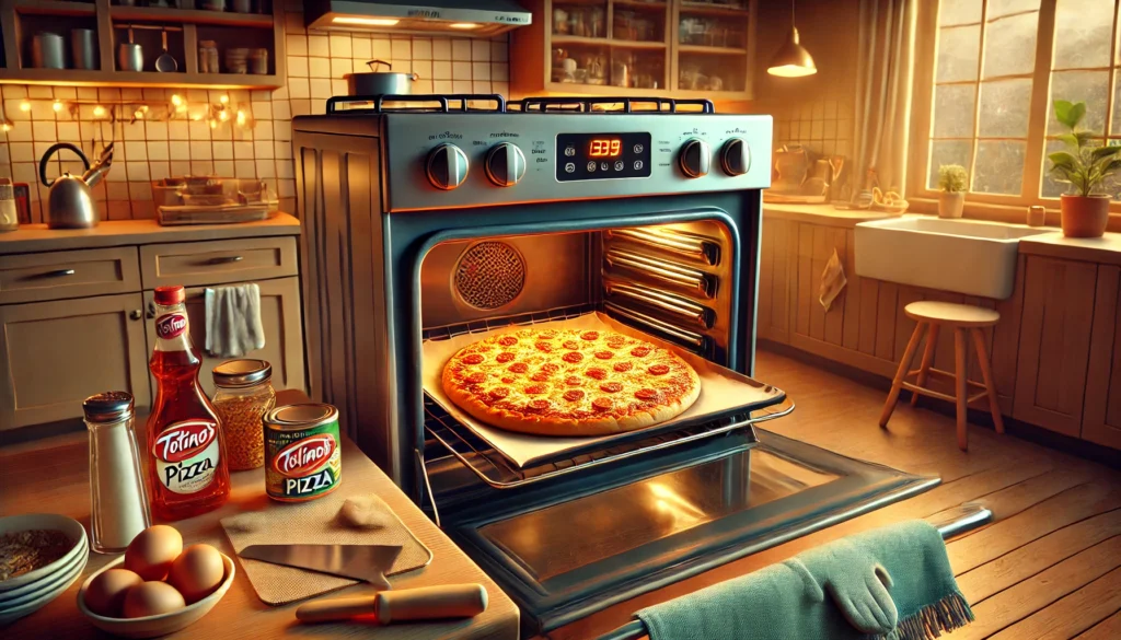 A delicious pizza cooks in the oven, demonstrating how to cook Totino's pizza in the oven in a warm kitchen.