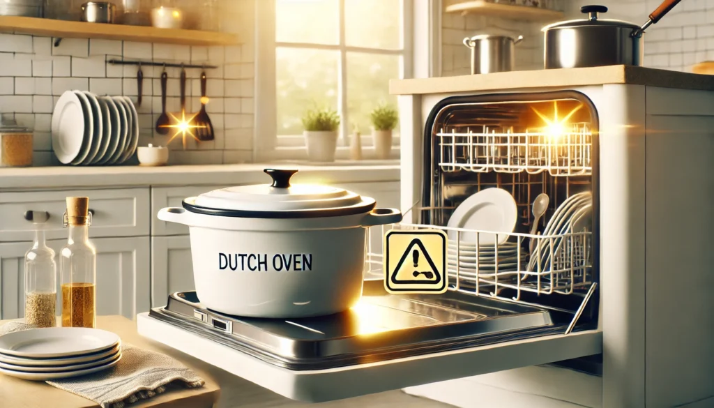 A dishwasher displaying a warning sign that says "avoid," indicating that items such as Dutch ovens should not be washed inside.