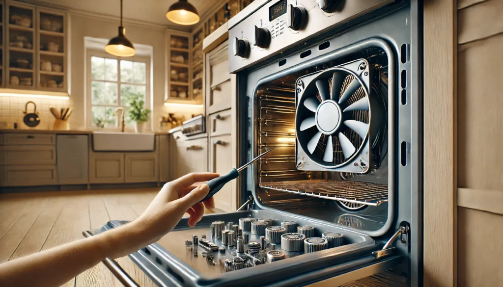 A person with a fan in hand stands by an oven, illustrating how to fix oven fan noise in a straightforward manner.