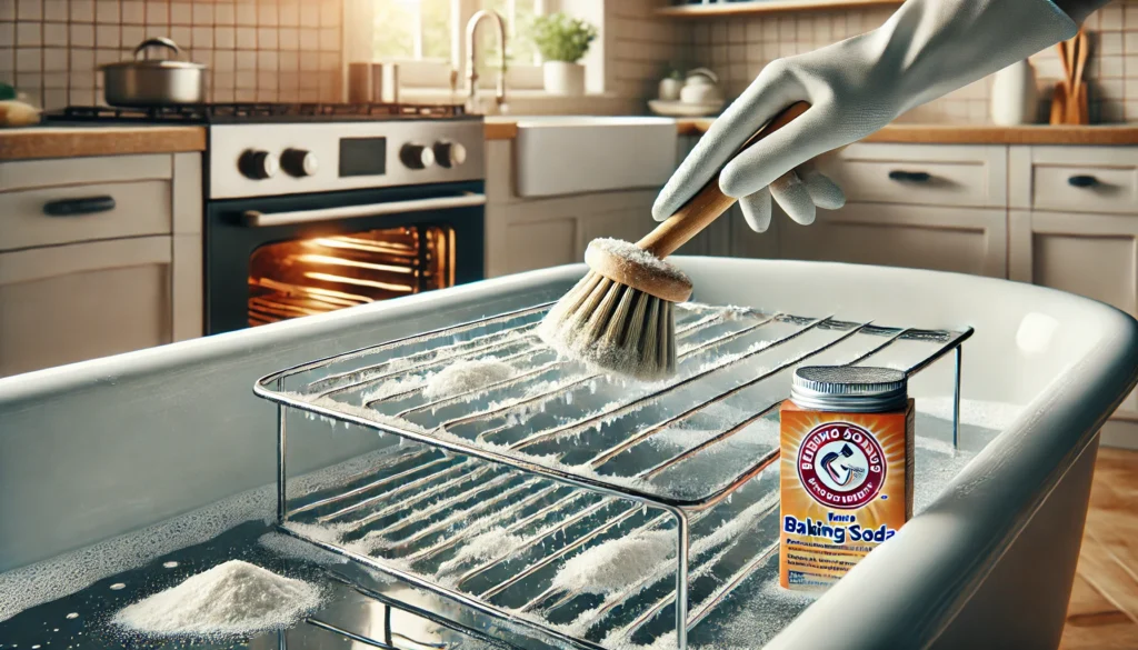 An individual is cleaning a racks on a sink with a brush, showing a method similar to how to clean oven racks with baking soda.