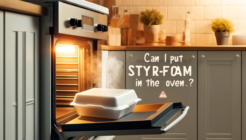 An illustration questioning if styrofoam can be placed in the oven. Focus Keyword: Can I Put Styrofoam in the Oven.