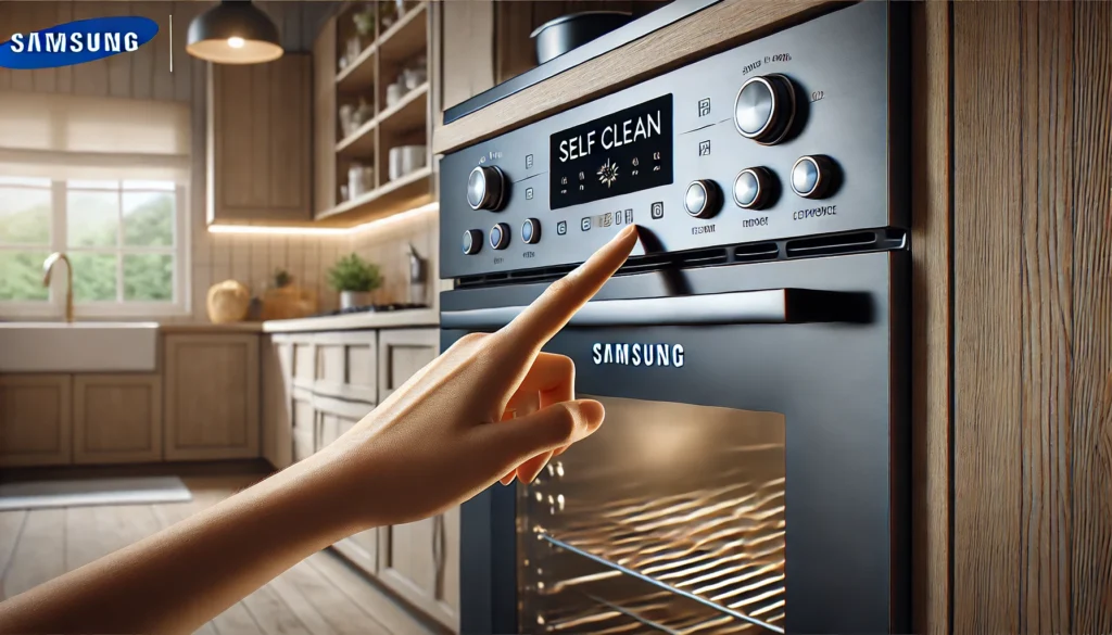 The new Samsung smart oven, designed for modern kitchens, highlighting its user-friendly controls and self-cleaning option.