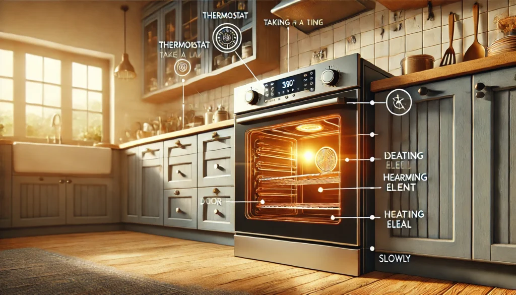 A kitchen featuring an oven and stove, illustrating the common question: Why does my oven take so long to preheat?