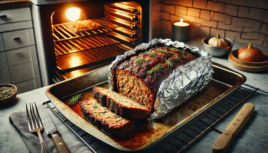 A loaf of meat rests on a baking tray, showcasing a delicious dish. Do you cover meatloaf in the oven for better results?