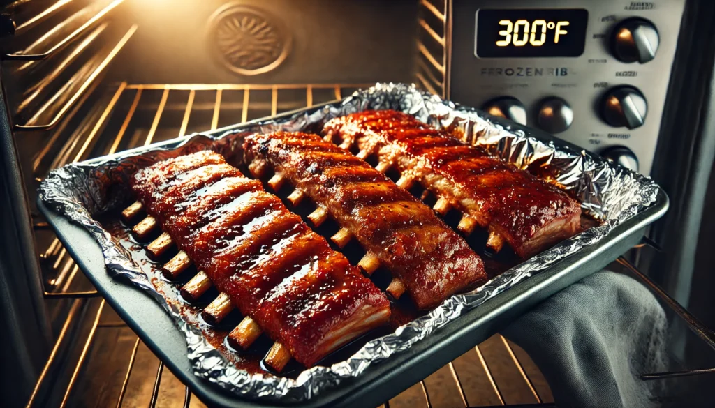 Ribs on a tray inside an oven, showing how long to cook frozen ribs in the oven for a delicious meal.