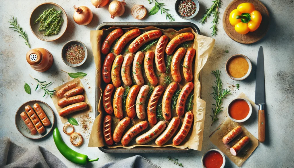 A tray with sausages and various ingredients sits on a table, showcasing how long to cook sausages in the oven.