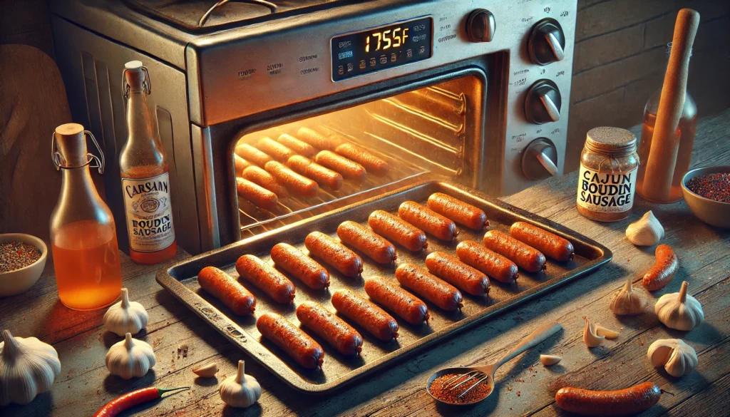 A pan filled with Boudin and various foods, perfect for a meal. How long do you cook boudin in the oven?