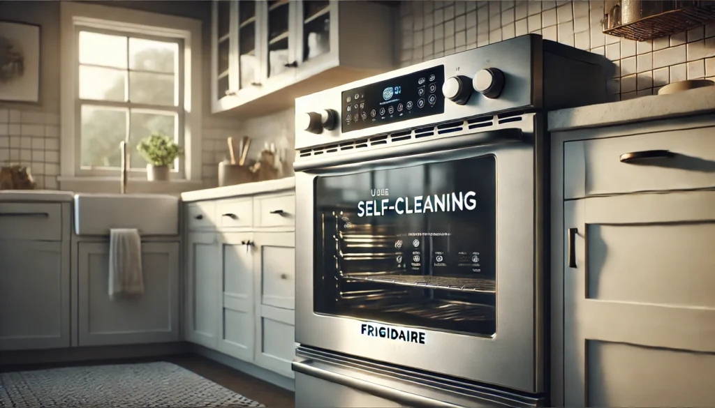 A simple kitchen scene with a stove and oven, demonstrating how to use the self-cleaning on a Frigidaire oven.