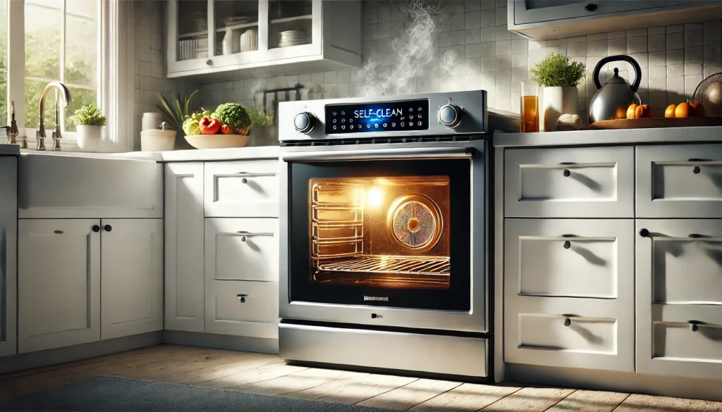 A modern stainless steel oven with a digital screen, perfect for understanding how to use the self-clean on a Whirlpool oven.