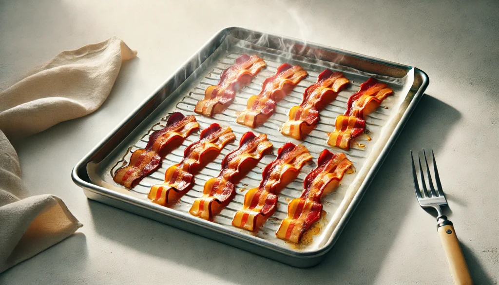 A tray displaying freshly cooked bacon, perfect for breakfast. Discover how to cook bacon in the oven without parchment paper.