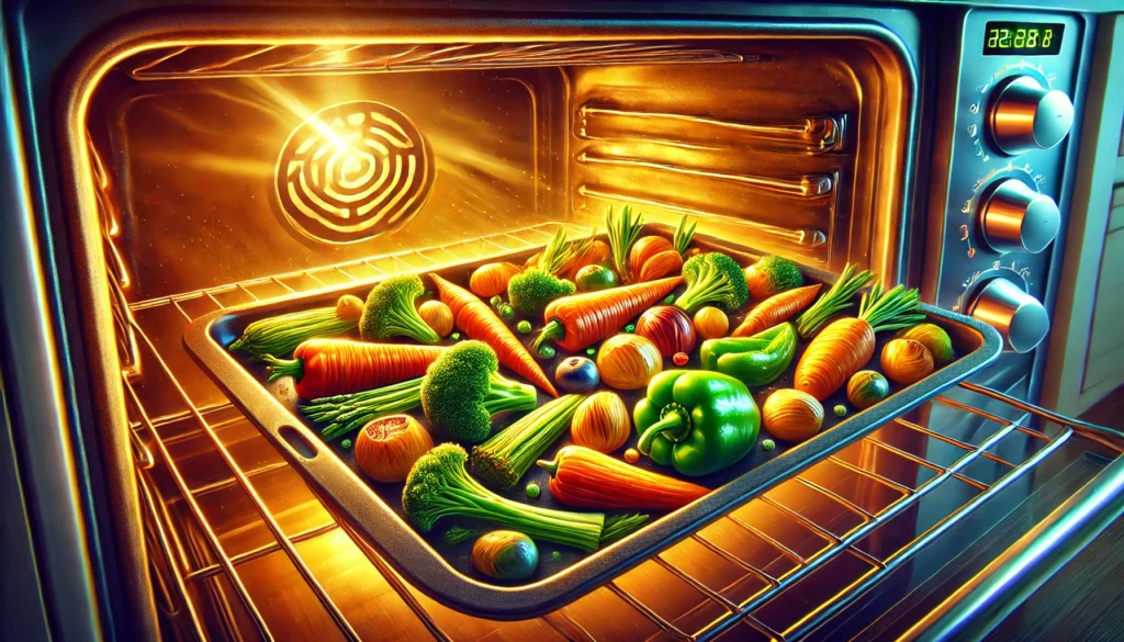 A variety of vegetables on a tray are baking in an oven, showcasing how to roast vegetables in a convection oven.