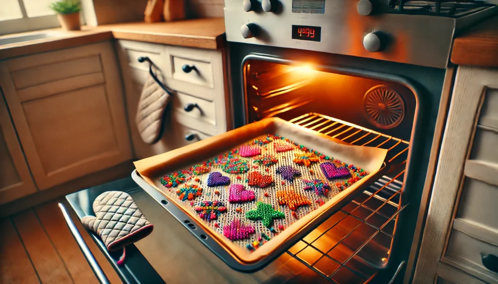A baking pan containing warm cookies, ready to be enjoyed. Can you put Perler beads in the oven?