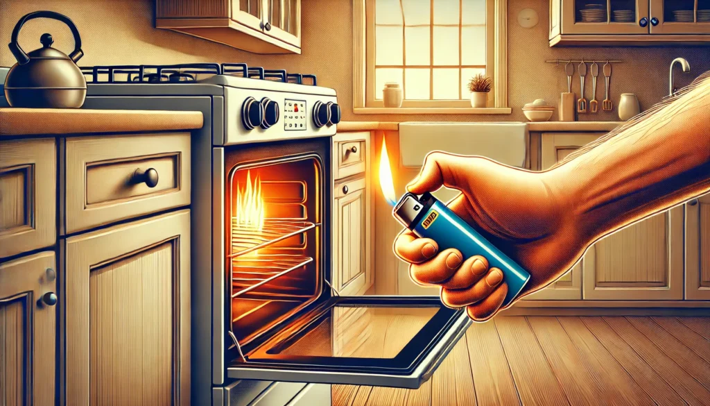 A hand holds a lighter in front of a gas oven, demonstrating how to light a gas oven with a lighter.