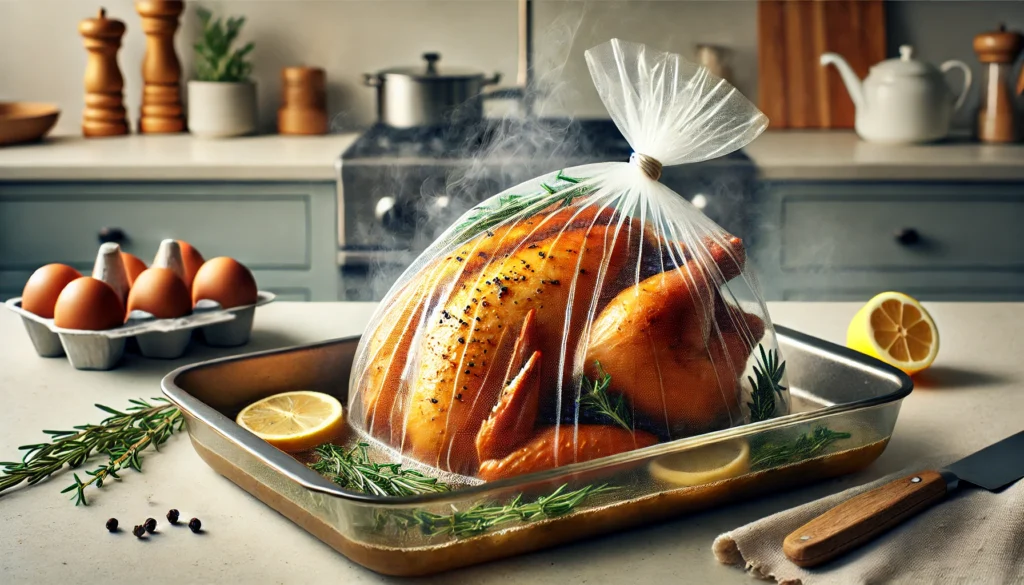 A turkey covered in plastic rests on a counter, prepared for cooking. Find out how to cook hens in an oven bag.