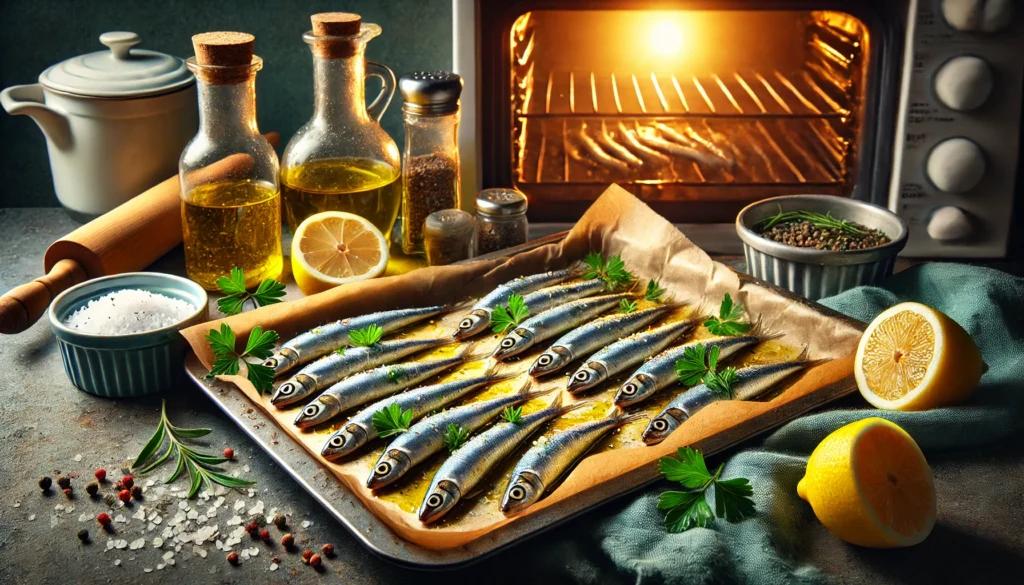 A baking tray filled with fresh sardines, lemon slices, and spices, ideal for those exploring how to cook smelts in the oven.