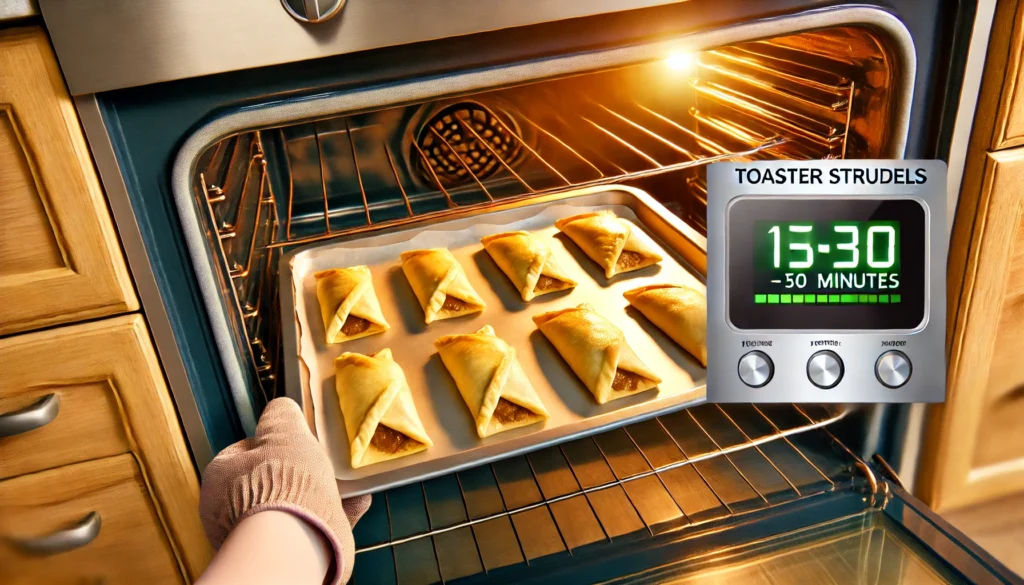 Someone is holding a tray of food from the oven, demonstrating how long to cook toaster strudel in oven.