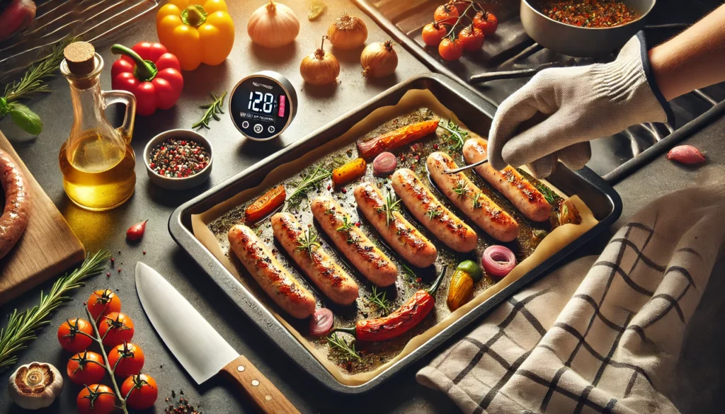 A person is frying sausages in a pan, showing how long to cook raw chicken sausage in oven for a delicious meal.