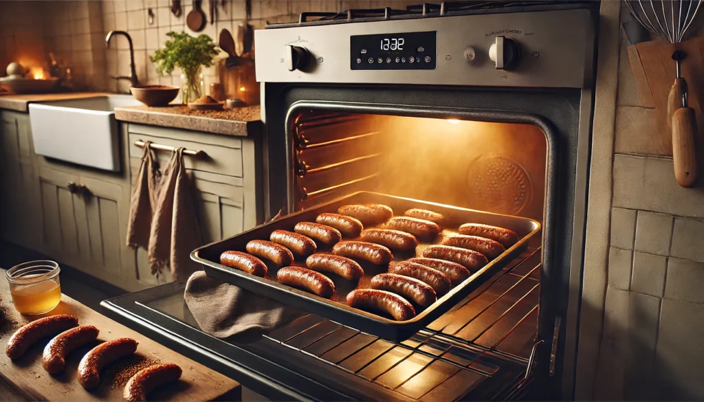 Hot dogs on a tray inside the oven, ready to be served. Discover how long to cook boudin in the oven for best results.