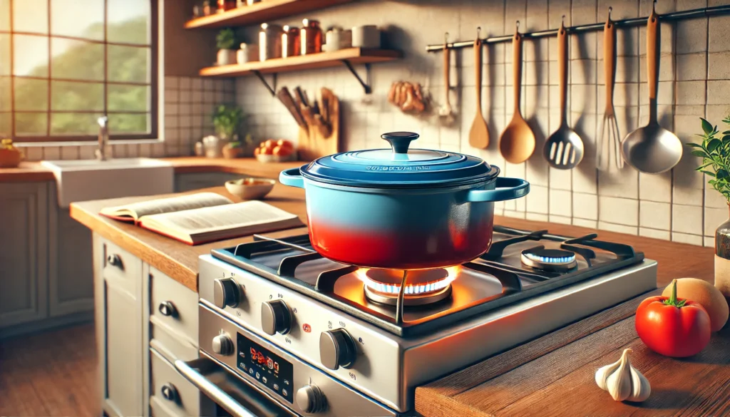 A pot sits on a stove in a kitchen, illustrating the question: Can you use a Dutch oven on an electric stove?