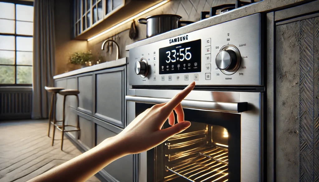 A person interacting with the digital clock of a Samsung oven, illustrating how to set the clock on a Samsung oven.