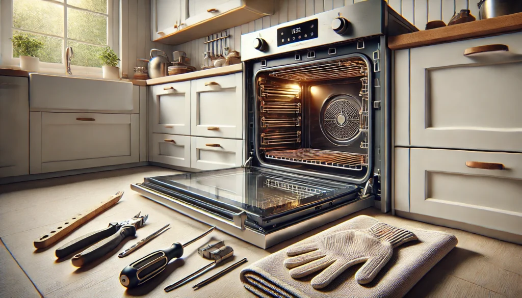 A kitchen featuring various tools and an oven, illustrating how to remove the oven door without hinge latches.