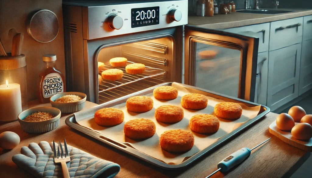 A pan filled with baked goods rests on a counter, inviting and warm. Discover how long to cook frozen chicken patties in the oven.