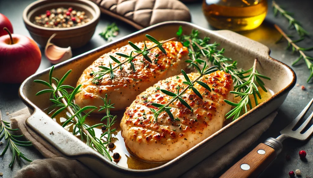 Two chicken breasts with herbs are placed in a baking dish, perfect for learning how long to bake turkey cutlets in oven.