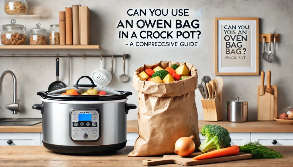 A person asks, "Can you use an oven bag in a crock pot?" while holding a crock pot and an oven bag.