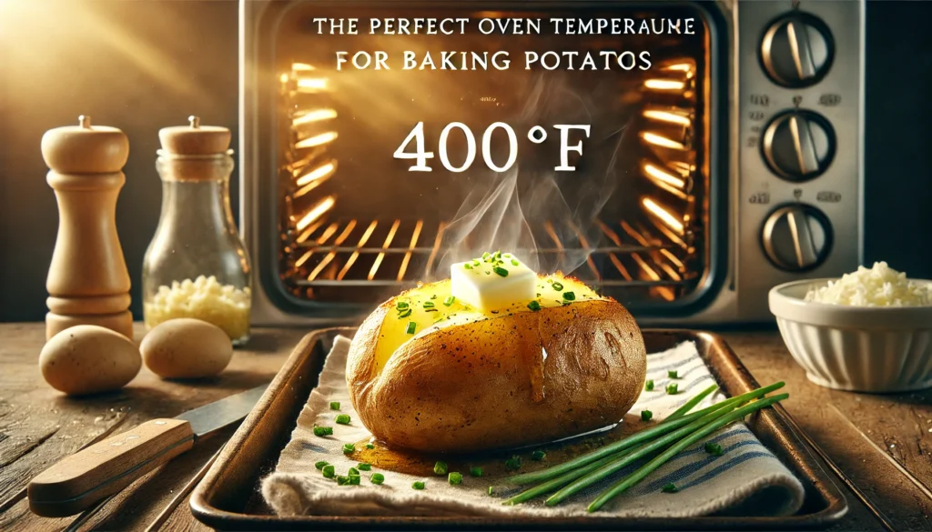 An illustration depicting the perfect oven temperature for baking potatoes, highlighting the best setting for tasty baked potatoes.